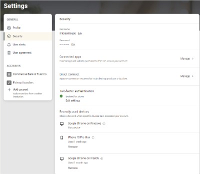 Banno Online Security Settings menu